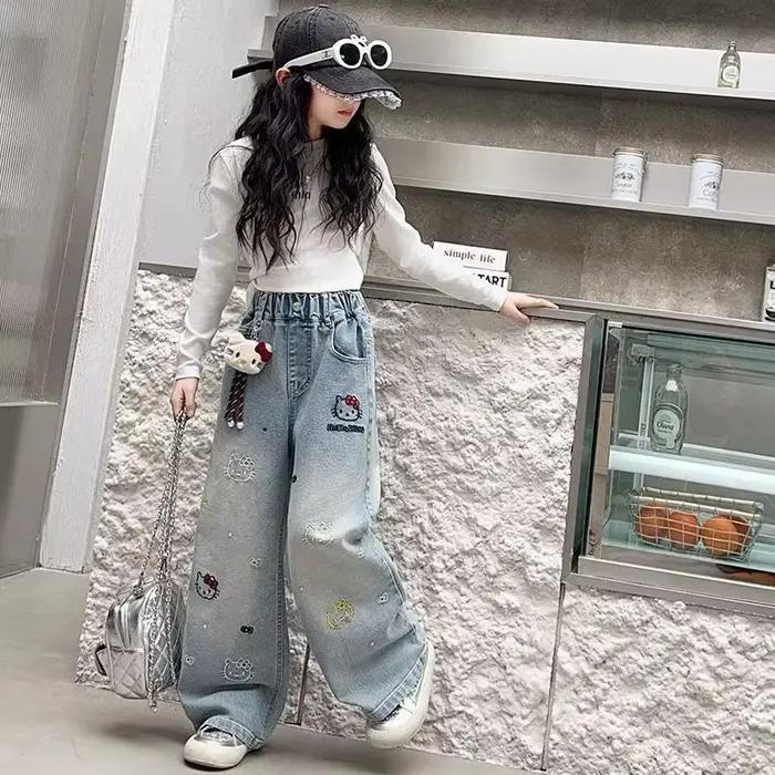 Jeans à jambes larges pour filles, printemps-automne, taille haute, pantalon long, vêtements pour en