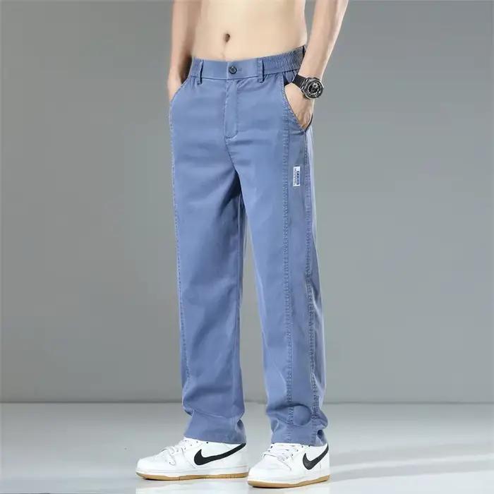 Summer Thin Men's Loose Straight Jeans Lyocell Soft Drape Business Casual Trousers Classic Smoke Gra