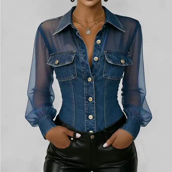 Chemisier en jean bleu transparent à manches longues pour femme, avec col à revers et poches poitrin