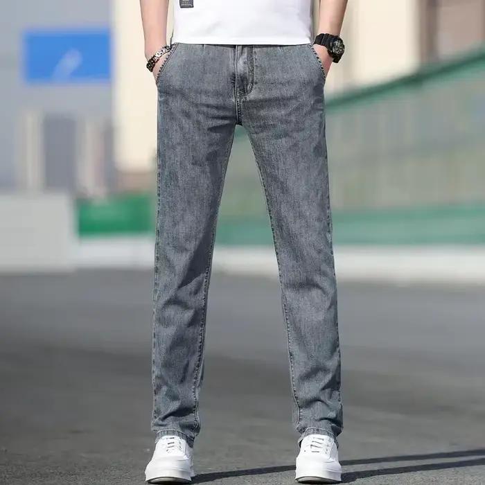 2025 été nouveaux hommes ample gris jean mode décontracté Stretch jambe droite Denim pantalon mâle b