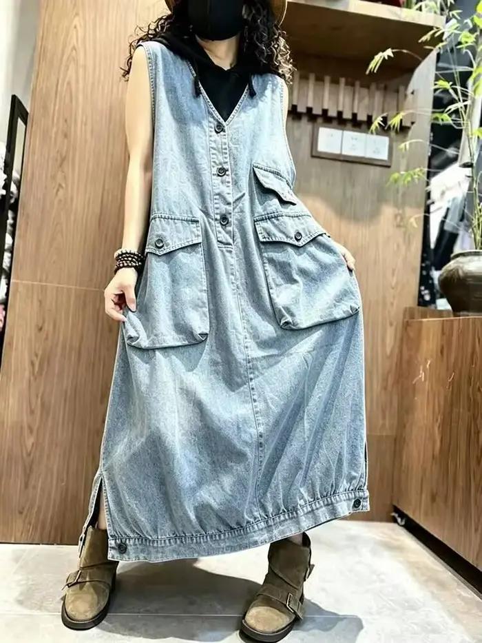 Amax LuluE 2026 Robes en jean de style japonais pour femmes, vintage, décontractées, unies, classiqu