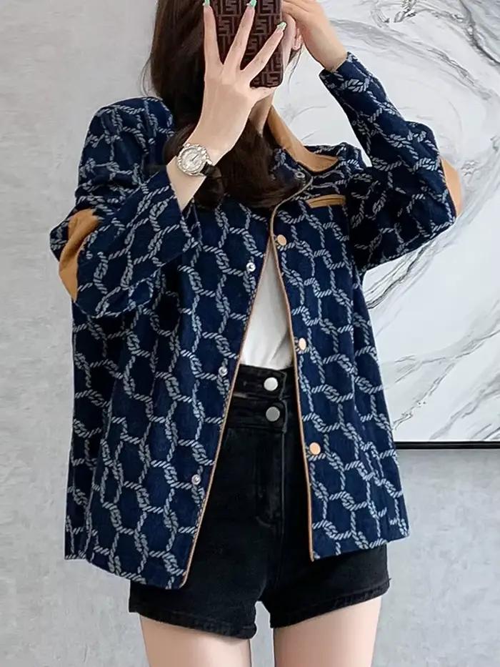 Veste en jean imprimée vintage pour femme, manteau de baseball, manches longues rabattables, manteau