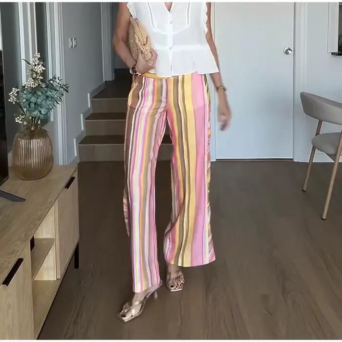 Jean rayé multicolore pour femme, pantalon taille basse, coupe évasée, style rétro arc-en-ciel, déco