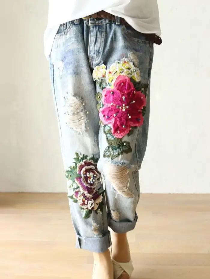 Jean ample brodé floral élégant pour femme, style bohème, coupe harem, décontracté, vintage, en deni