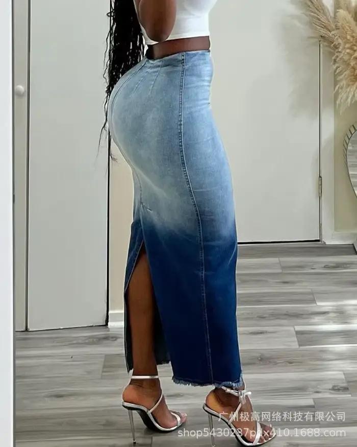 Robe courte en denim à imprimé tie-dye pour femme, jupes élégantes, ourlet brut, mode décontractée,