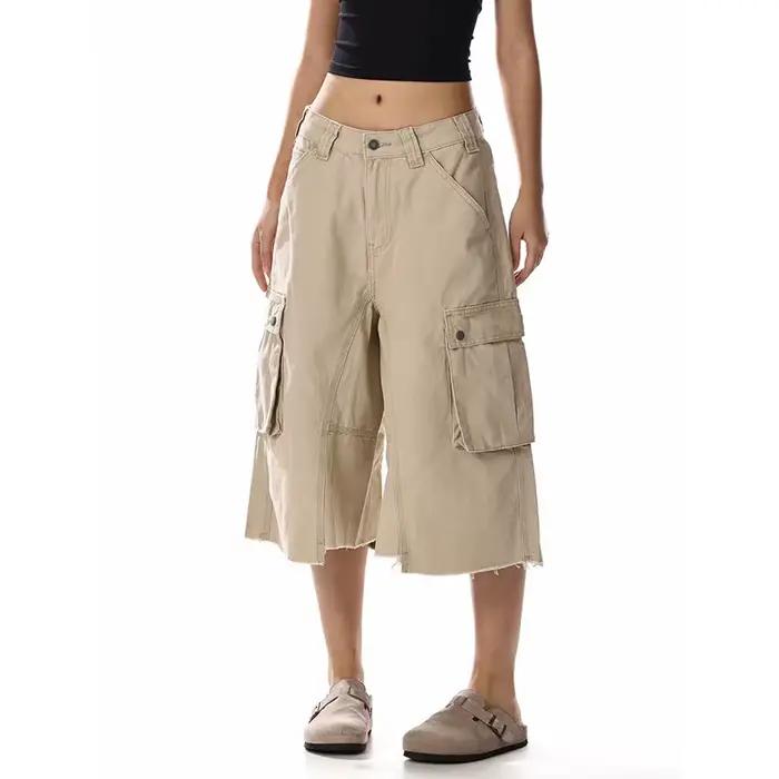 ZHIZOU Short en jean kaki rétro américain pour femme, style Y2K années 2000, Harajuku, baggy, cargo,