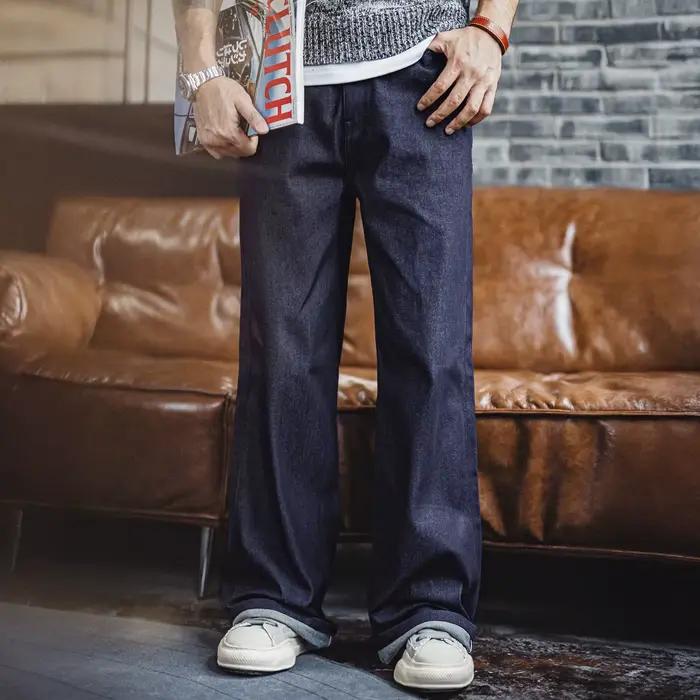 Jeans en denim brut selvedge vintage Maden 15,6 oz, poids lourd, bleu, coupe ample, jambes larges, f