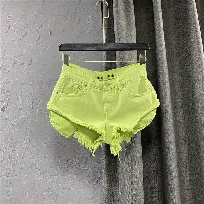 Nouveaux shorts en jean vert taille basse pour femmes, style Spice Girls, bords effilochés, coupe tr