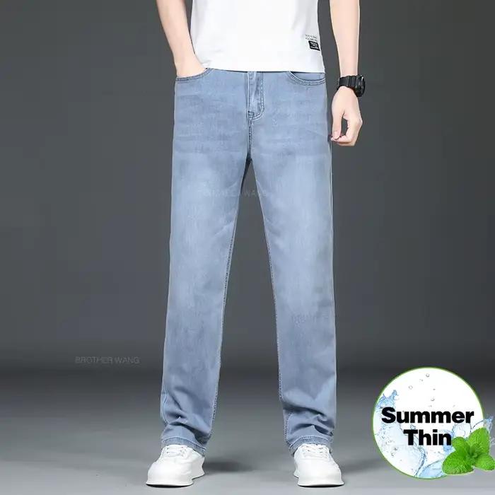 Pantalon en jean fin pour homme été 2026, coupe droite ample, décontracté chic, en coton élastique,