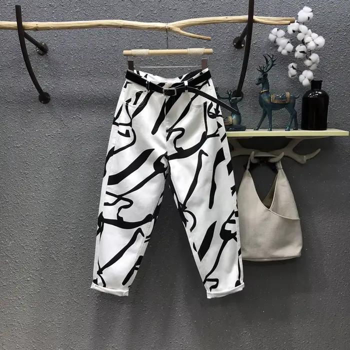 Jean Délavé avec Poches et Imprimé Graffiti pour Femme, Streetwear, Taille Haute, Pantalon Droit, Pr