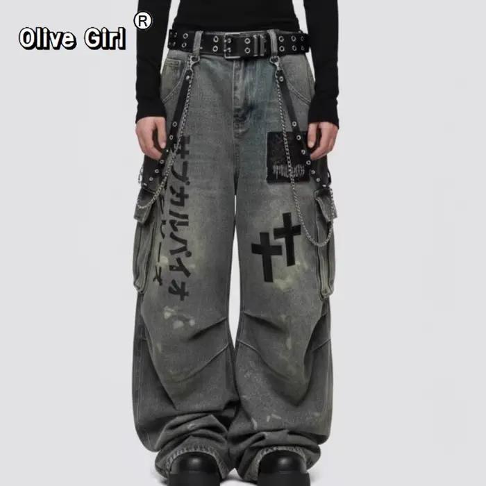 Grande taille crâne croix femmes jean pantalon Denim pantalon américain rétro ambiance jambes larges