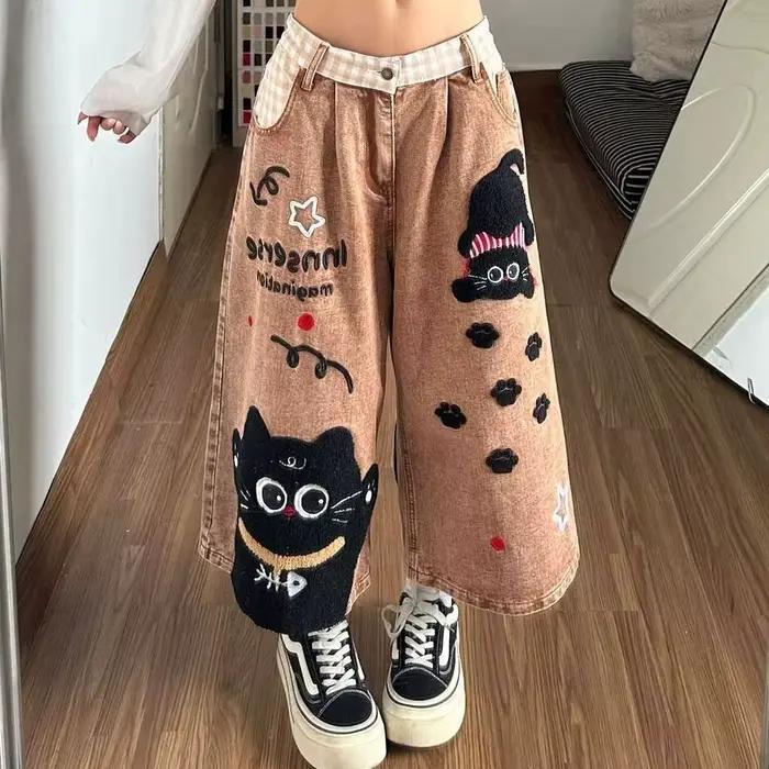 Olivegirl Jeans Mignons Style Rétro Américain, Pantalon Ample Mi-long à Jambe Droite avec Motif Chat