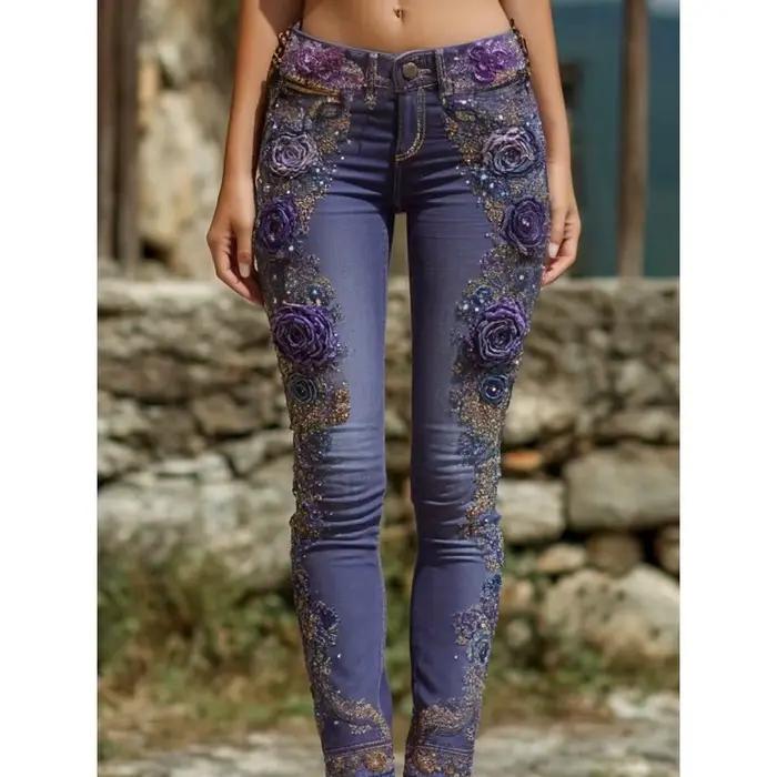 Jeans à imprimé floral de style européen américain pour femmes, pantalon en denim décontracté à jamb