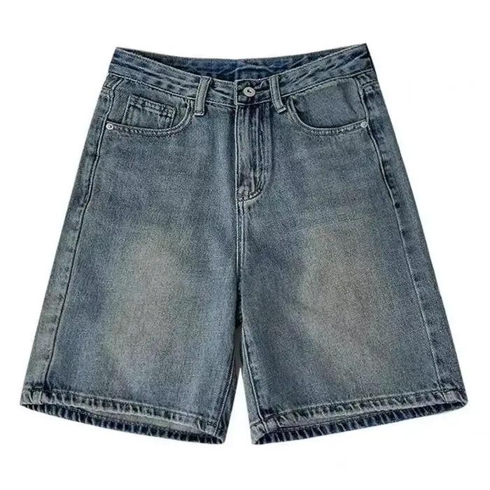 Jean court taille haute coupe droite pour femme, style rétro américain, confortable et décontracté,