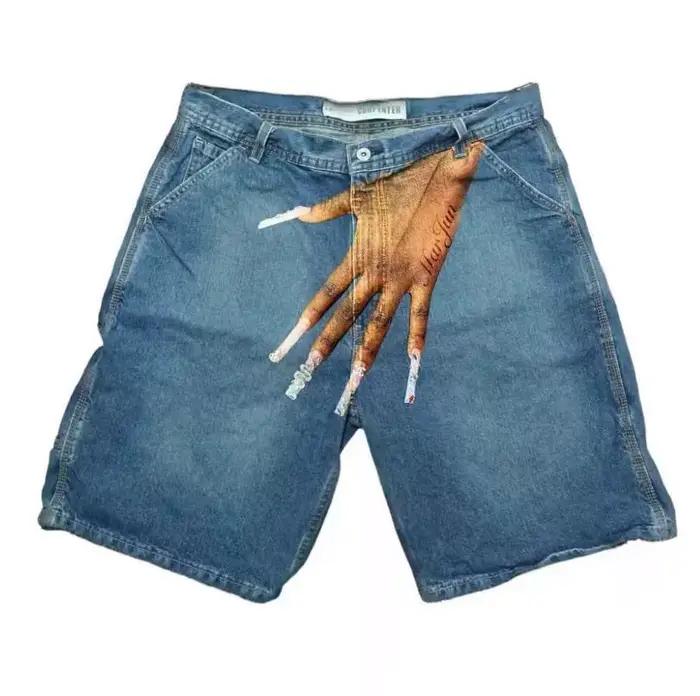 Shorts en jean vintage Y2K Deeptown pour femme, style Harajuku, délavé, broderie lettres, franges, j