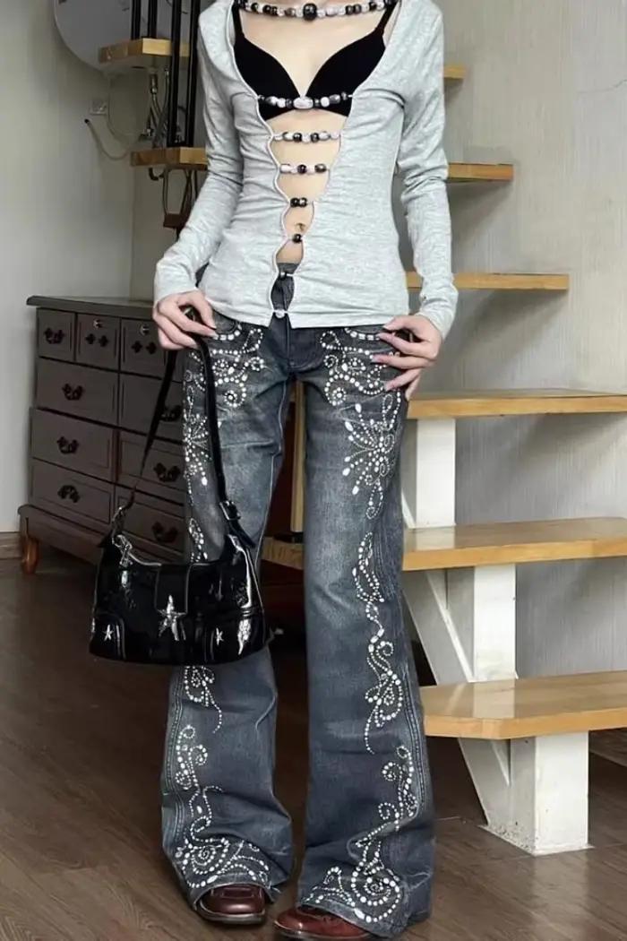 Jean femme Y2k pantalon Vintage taille basse Bootcut pantalon en Denim vieilli femme Design automne