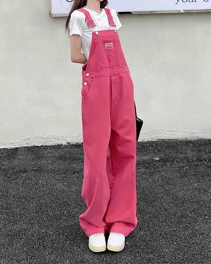 XS-XL jean femmes 2022 été Preppy Style lâche filles rose pantalon à jambes larges combinaison corée