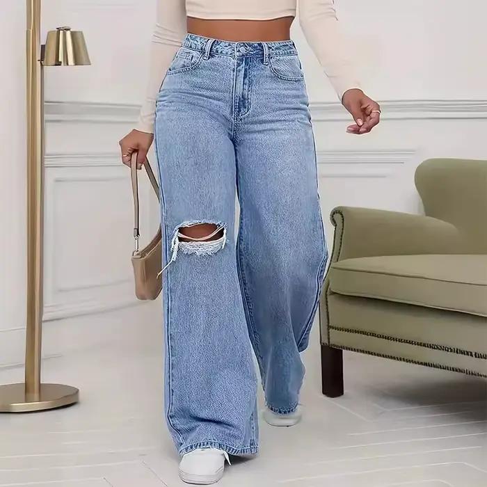 Burques déchirées femmes jean taille haute droite Baggy jambe large Denim pantalon traînant vêtement