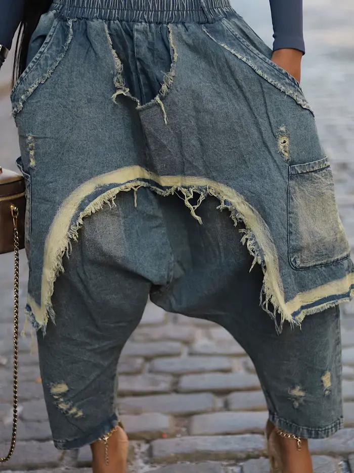 Nouveau Jean Vintage Effiloché et Déchiré pour Femme, Pantalon Harem Ample Tendance, Style Décontrac