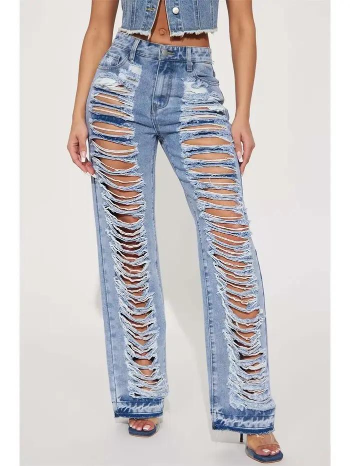 Jean déchiré à la mode pour femmes, vêtements d'été, taille haute, trous cassés, denim, FjStreetwear