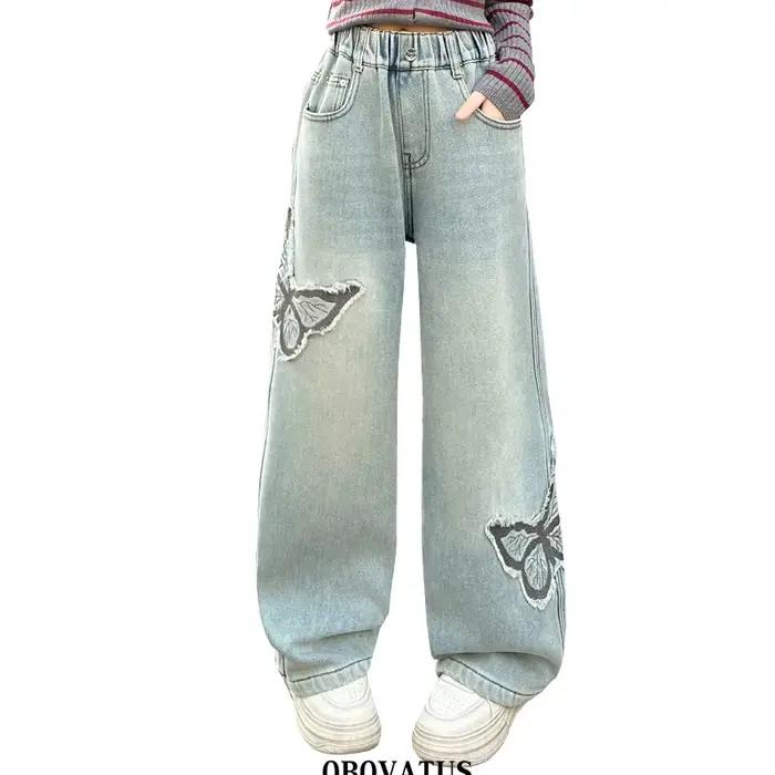 Jean Vintage Bleu avec Applique de Papillons pour Fille, Coupe Droite, Slim, Pantalon en Denim, Mode