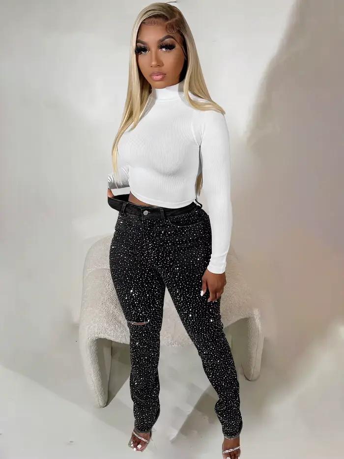 Pantalon en jean brillant avec strass, sexy, taille haute, élégant, orné de diamants étincelants, pa