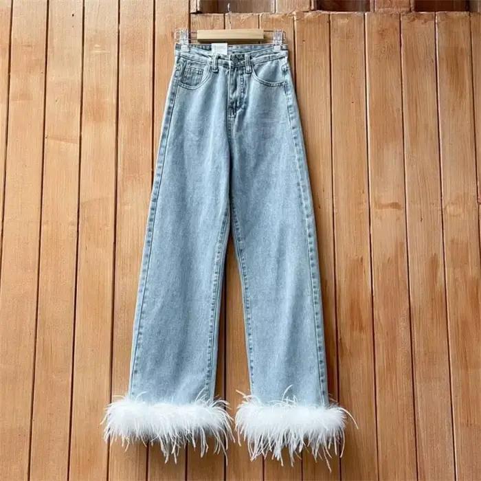 Gland plumes conception de niche avancée taille haute droite jambe large pantalon jean pantalon femm