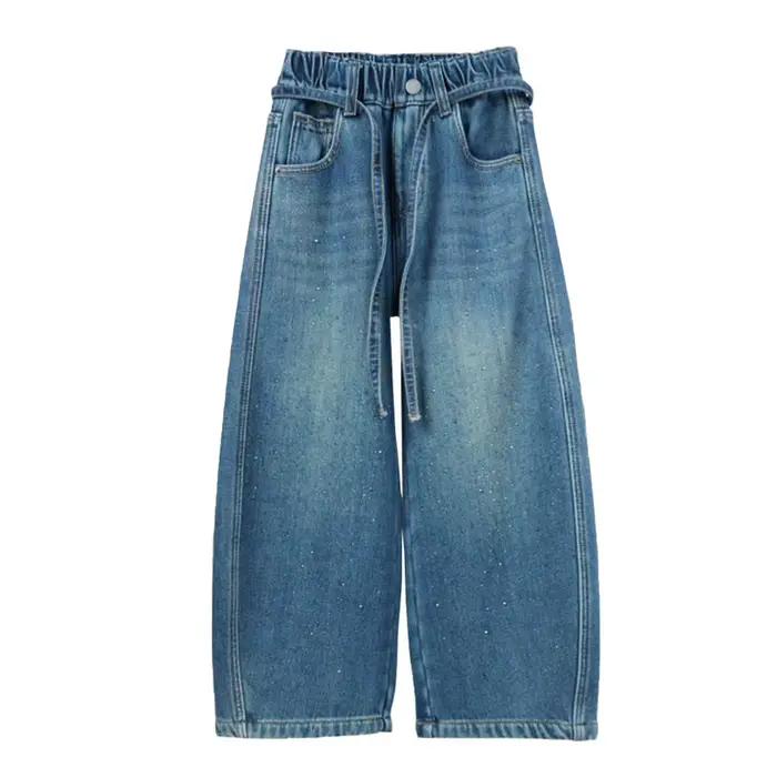 Jeans en denim pour filles, coupe droite et large, avec broderies et strass, pantalon tendance pour