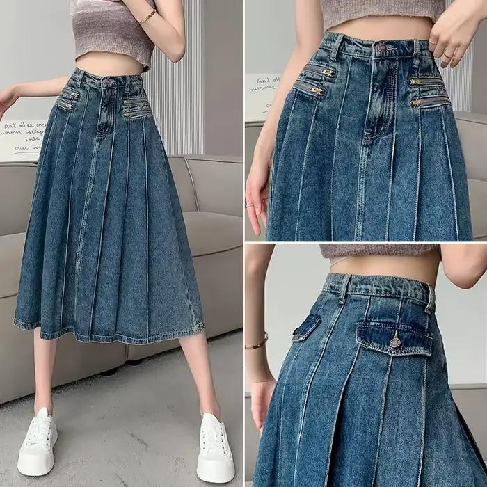 Jupe en jean plissée rétro pour femmes, nouveau tempérament mince, taille haute, ligne a, vêtements