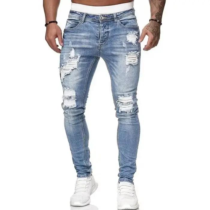 Jean Slim déchiré hommes décontracté coupe ajustée crayon Denim pantalon mâle Vintage lavage solide