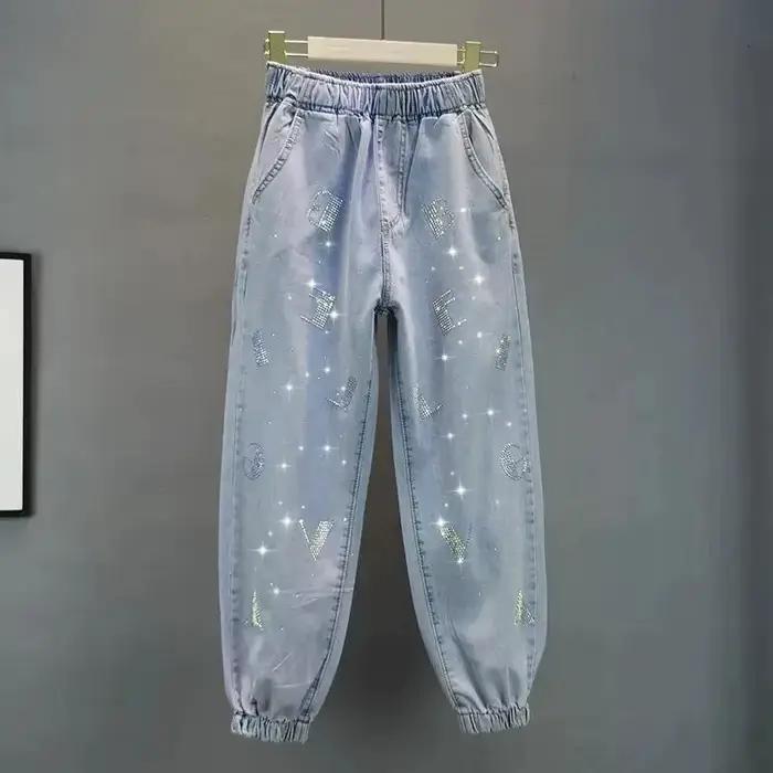 Jean en Denim Vintage Bleu Clair avec Strass pour Femme, Pantalon de Marque à la Mode, Grande Taille