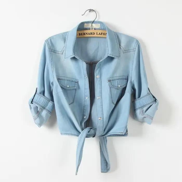 Chemise kimono en denim à manches courtes pour femmes, haut court en jean sexy, chemisier d'été cool