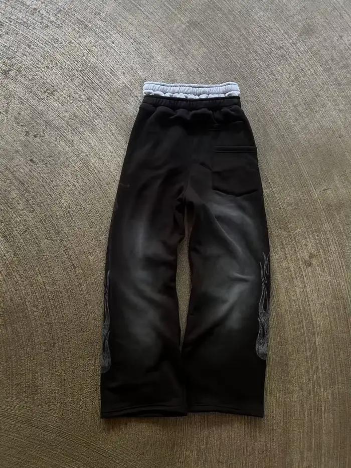 High Street Trendy Pantalon High Street Ins Trendy Marque Hommes et Femmes Lâche Droite Tube Brodé I
