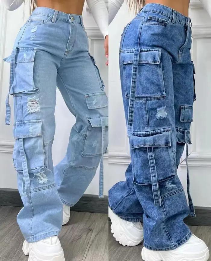 Jean multi-poches taille haute pour femmes, pantalon Cargo polyvalent, grande taille, couleur unie,