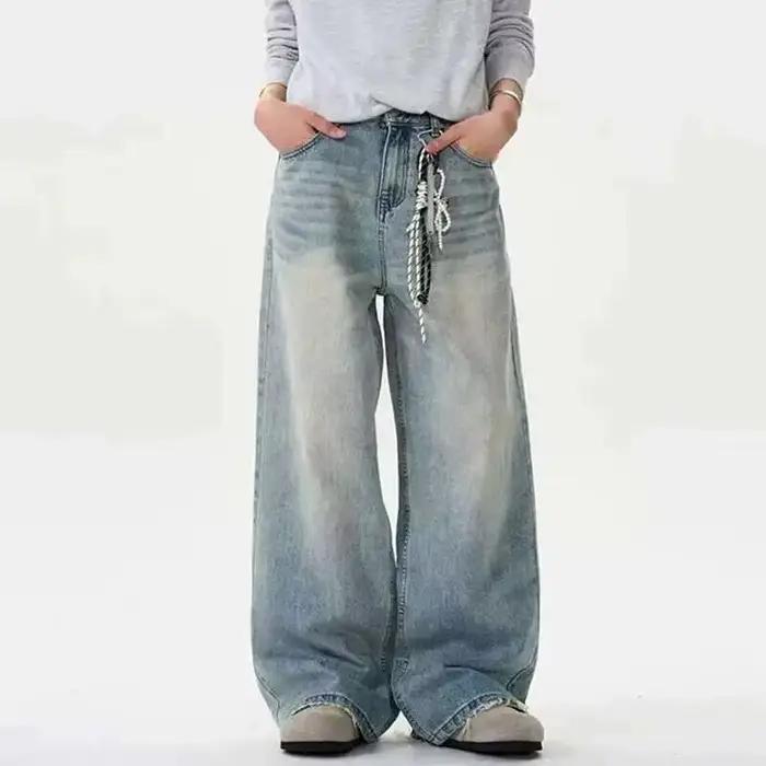 IEFB jean en détresse couleur unie lavage été hommes pantalon ample jambe large décontracté droit bo
