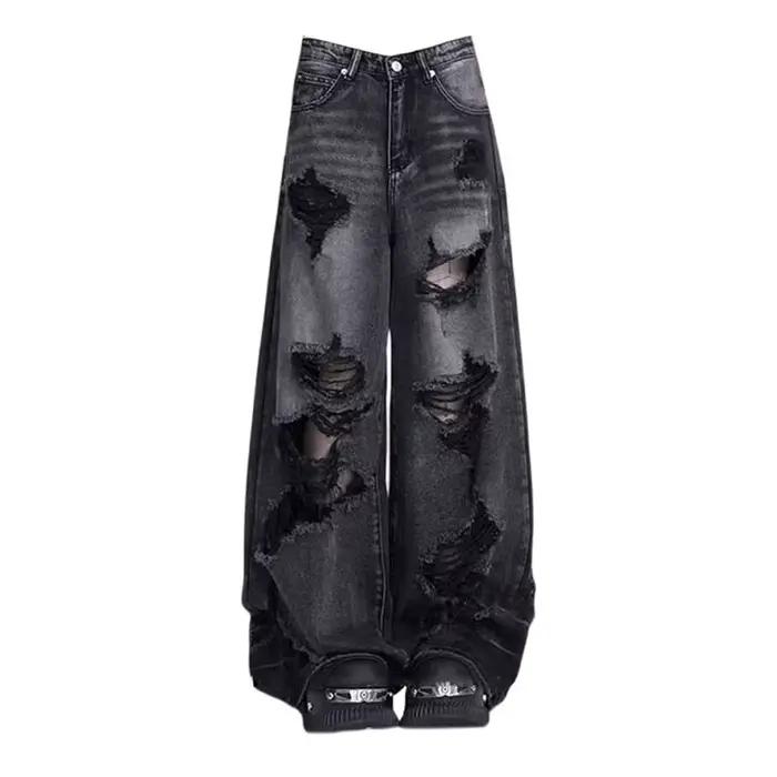 Jean déchiré noir Vintage pour femmes, pantalon à jambes larges, taille haute, droit, Baggy, Y2k