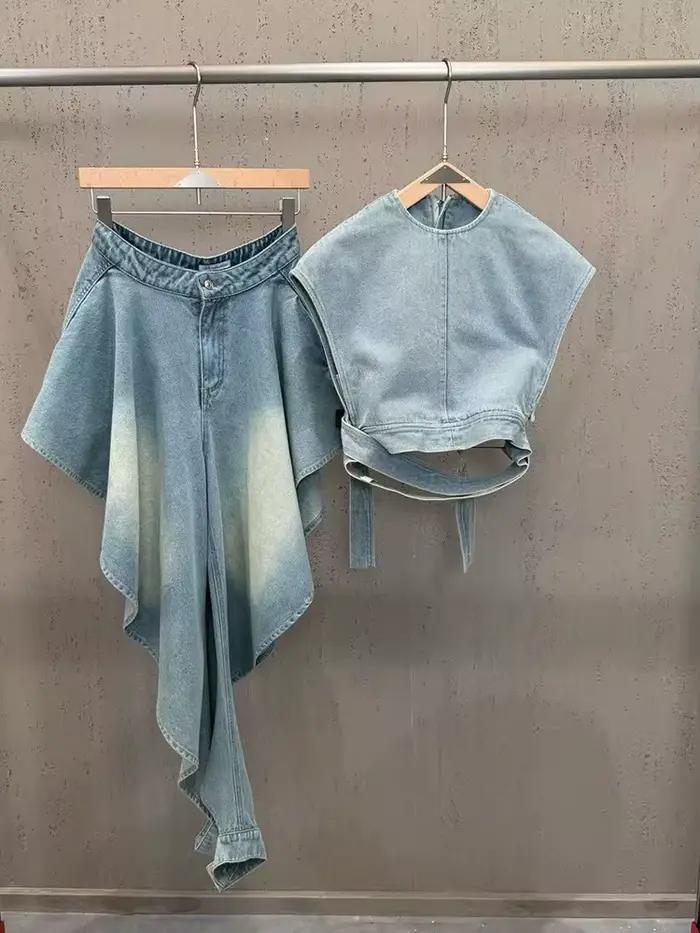 Ensemble deux pièces en jean pour femmes, haut sexy sans manches à lacets + jean en denim à empiècem
