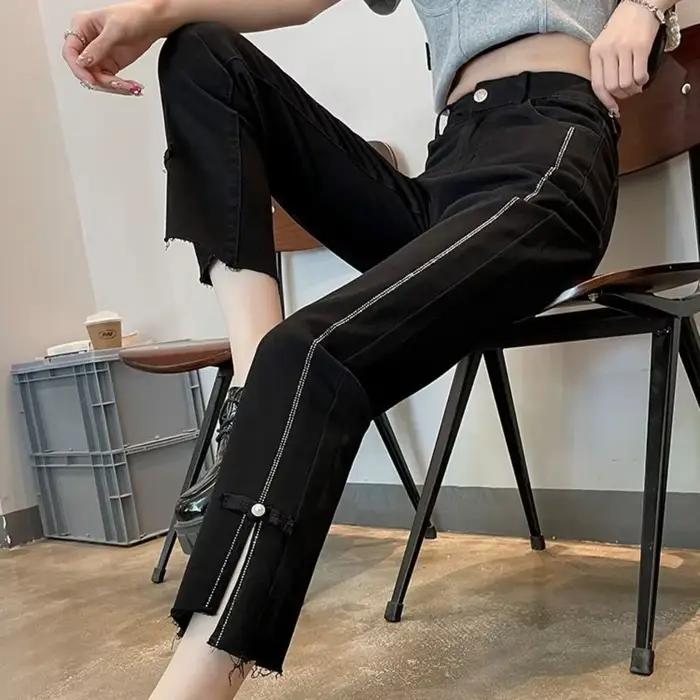 Jean court à jambe droite pour femme, perle avec décorations, bleu FJBlue, noir et capris, taille ha