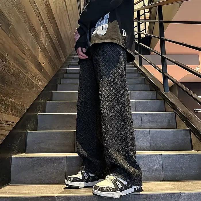 Jean homme mode hombre motif Jacquard Denim pantalon homme coupe droite Baggy bas en détresse large