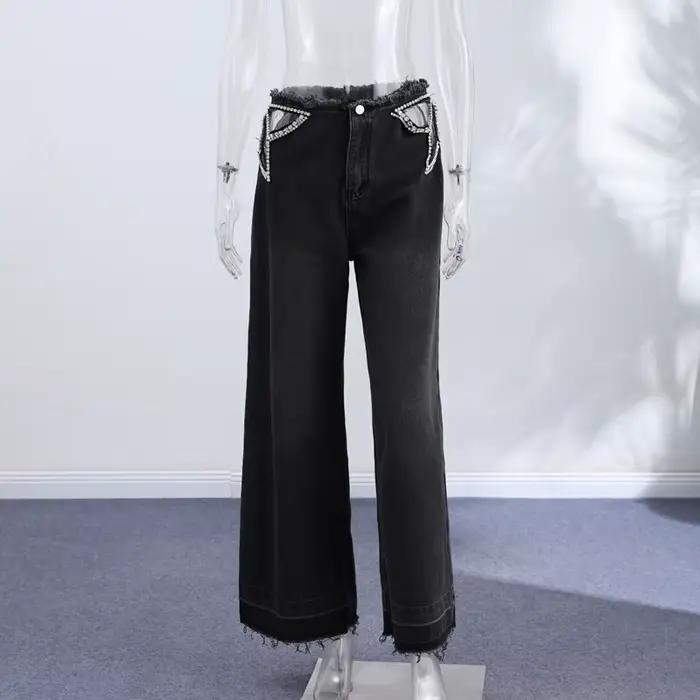 Jean long tendance à rivets pour femme, taille basse, poches zippées, coupe large, collection Printe