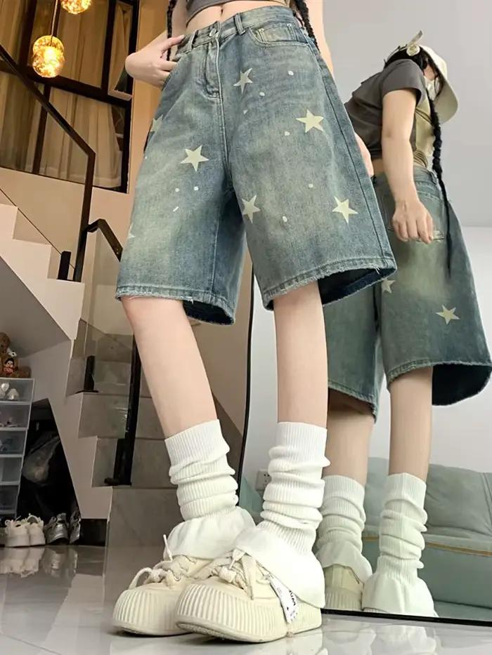 Femmes taille haute américain rétro lavé jambe large jean filles rue faire vieille étoile pantalon e