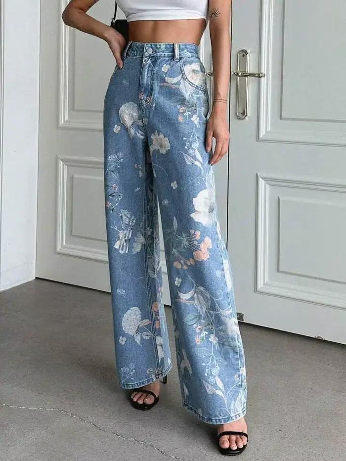 Pantalon large pour femme, jean délavé taille haute, imprimé floral, denim vintage déchiré, coupe dr