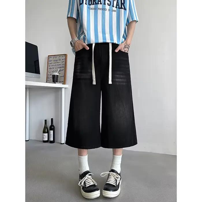 Coupe ample jean court élastique cordon taille Stretch Denim tenue décontracté confort hommes Baggy