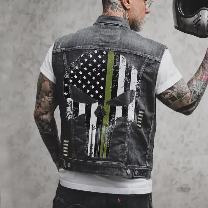 Veste en jean tête de mort vintage pour hommes, gilet en denim de moto, mode masculine, streetwear,