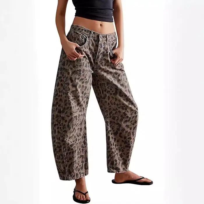 Jeans Y2k 2026 pour femmes, pantalon léopard, taille mi-haute, délavé, poches, streetwear vintage, p