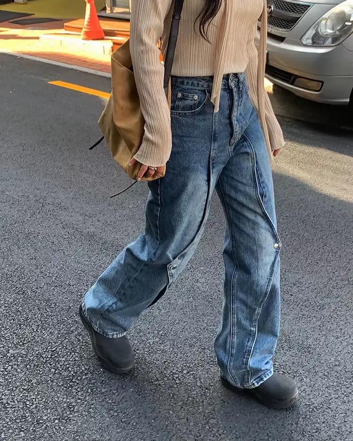 Jean à jambe droite au design irrégulier avec un look de pantalon à jambes larges vintage pour papa