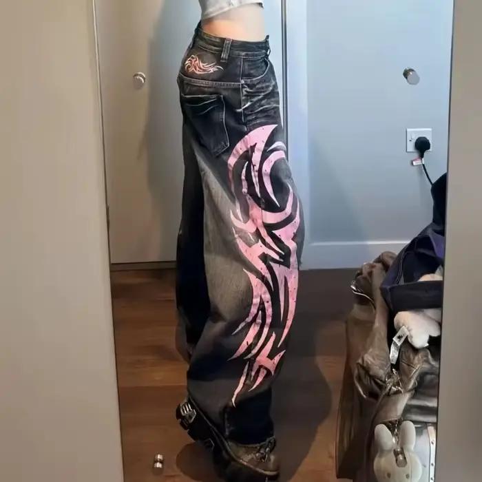 Y2K – jean Baggy Vintage américain imprimé Totem tacheté pour femmes, taille haute, jambes larges, v