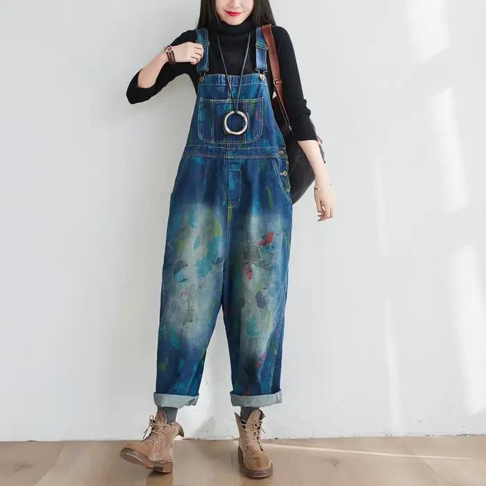 Salopette en jean délavé vintage pour femme 2026 – Style coréen décontracté, pantalon une pièce ampl