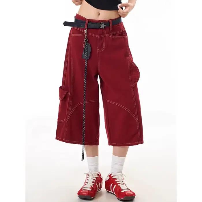 ZHIZOU jean noir américain pour femmes taille haute jambe large Baggy Cargo Denim Shorts 2000s Y2k V