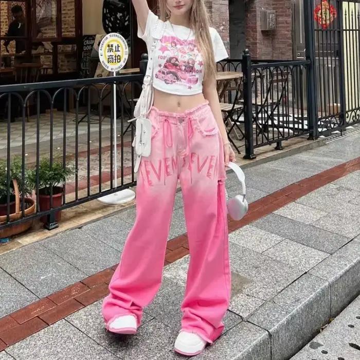 Jeans à jambes larges lâches pour femmes, pantalons de cow-boy étirés, haut de savoir, mode rétro, r